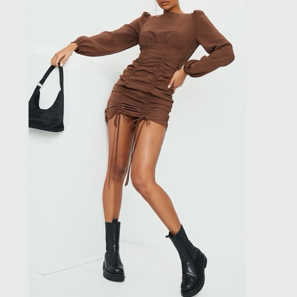 Pretty Little Thing Ruched Long Sleeve Bodycon Mini Dress Chocolate Brown Size 6 - Picture 4 of 16